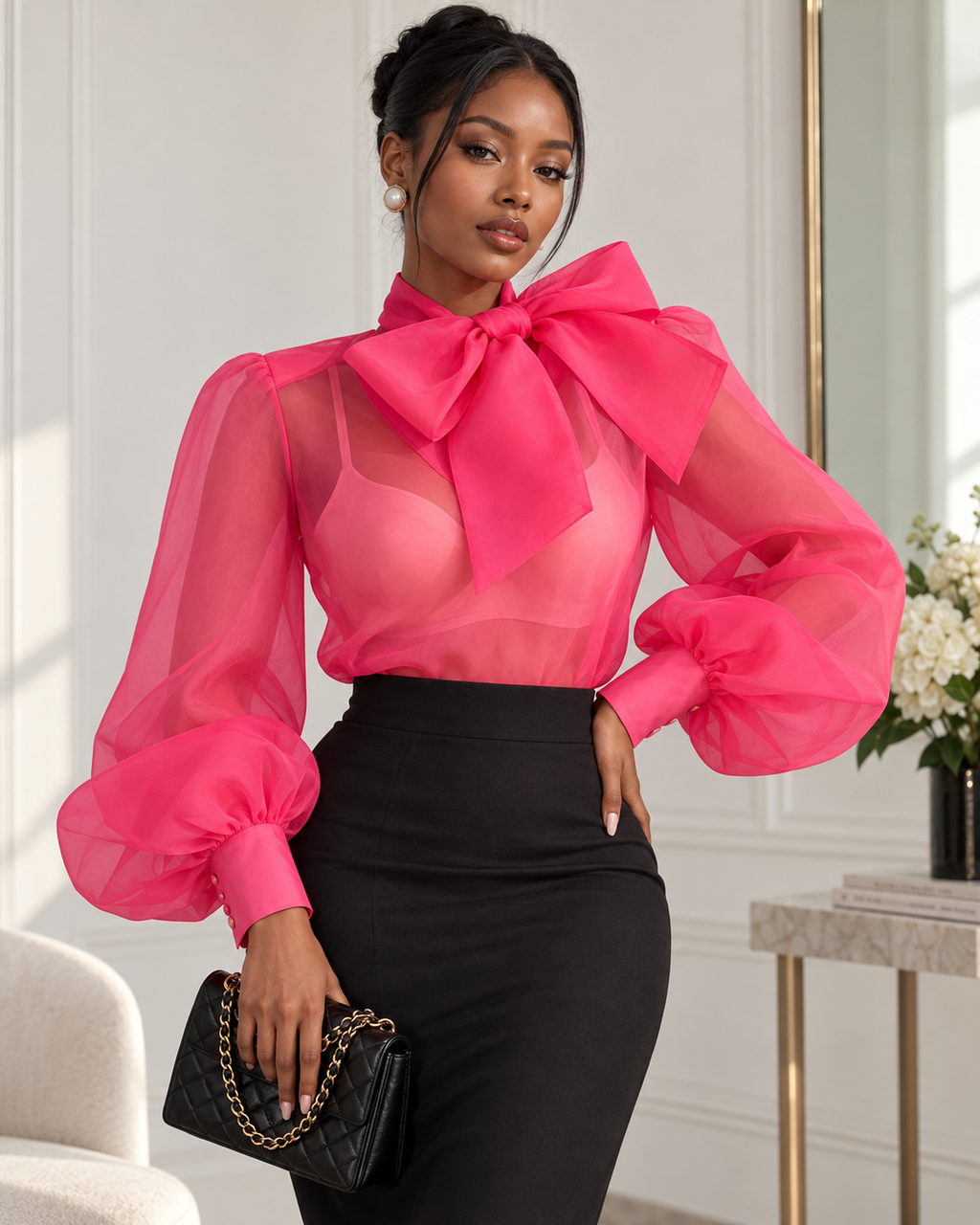 Ivory Statement Bow Organza Blouse