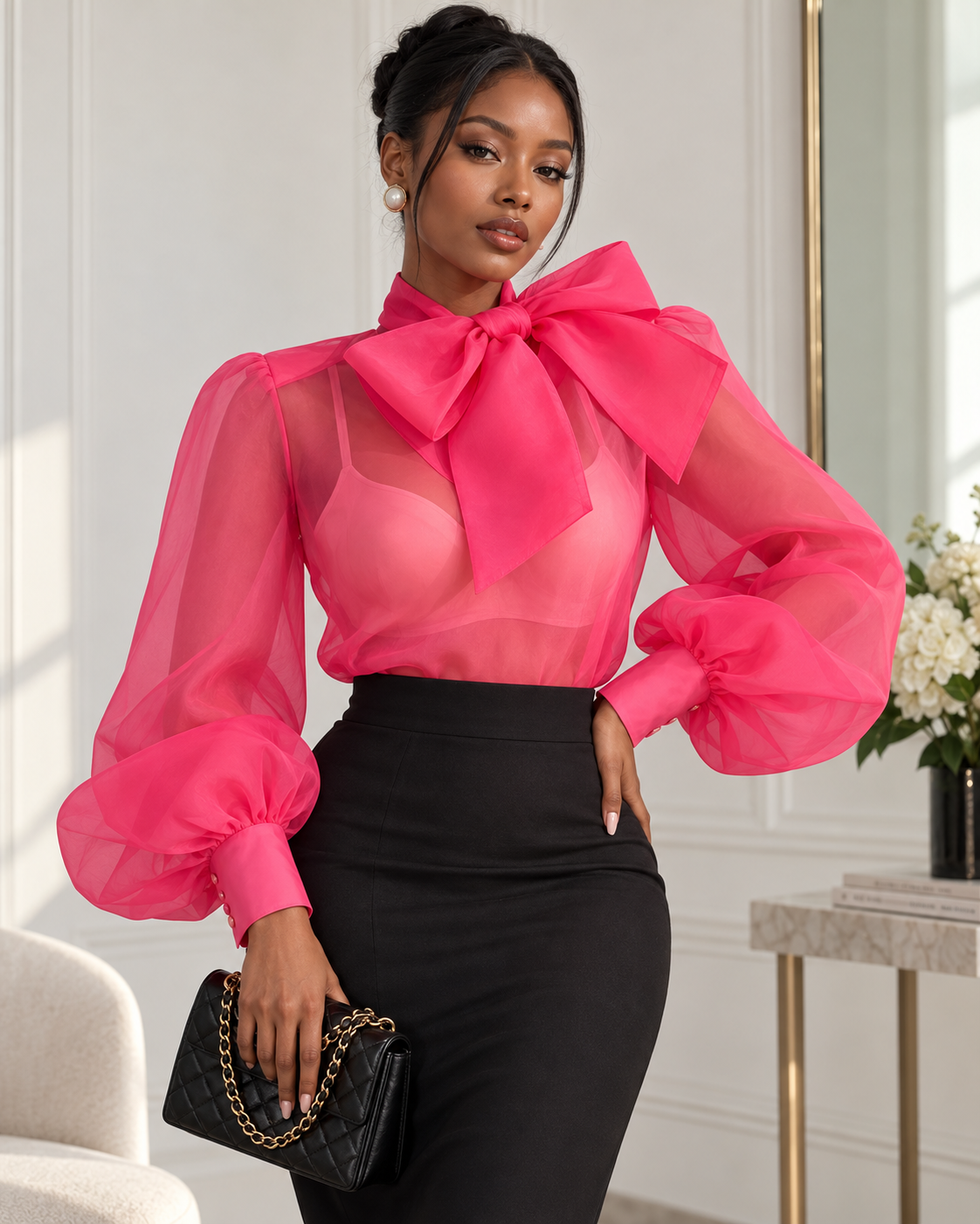 Ivory Statement Bow Organza Blouse