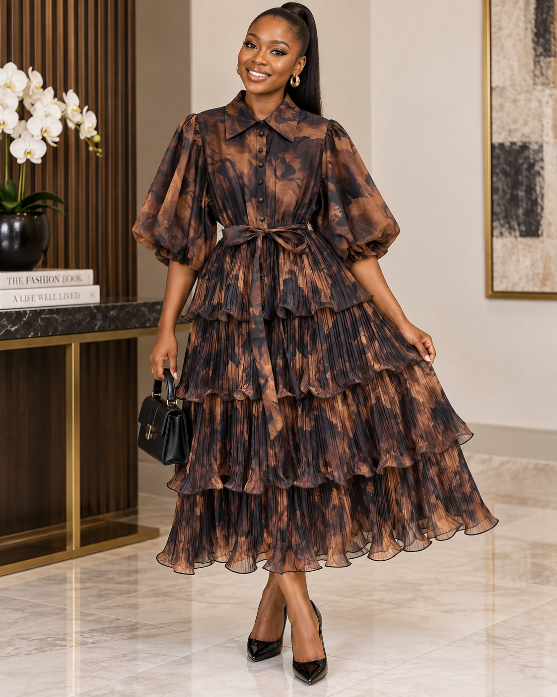 Cascade Tiered Midi Dres