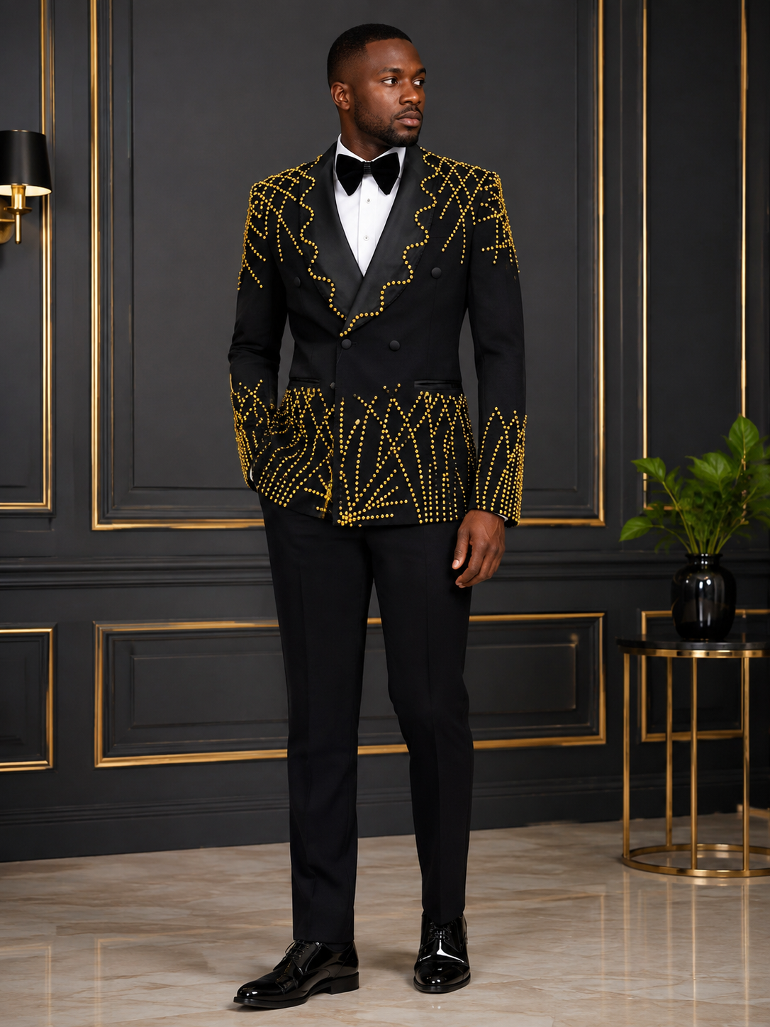 Royal Black & Gold Beaded Tuxedo Suit
