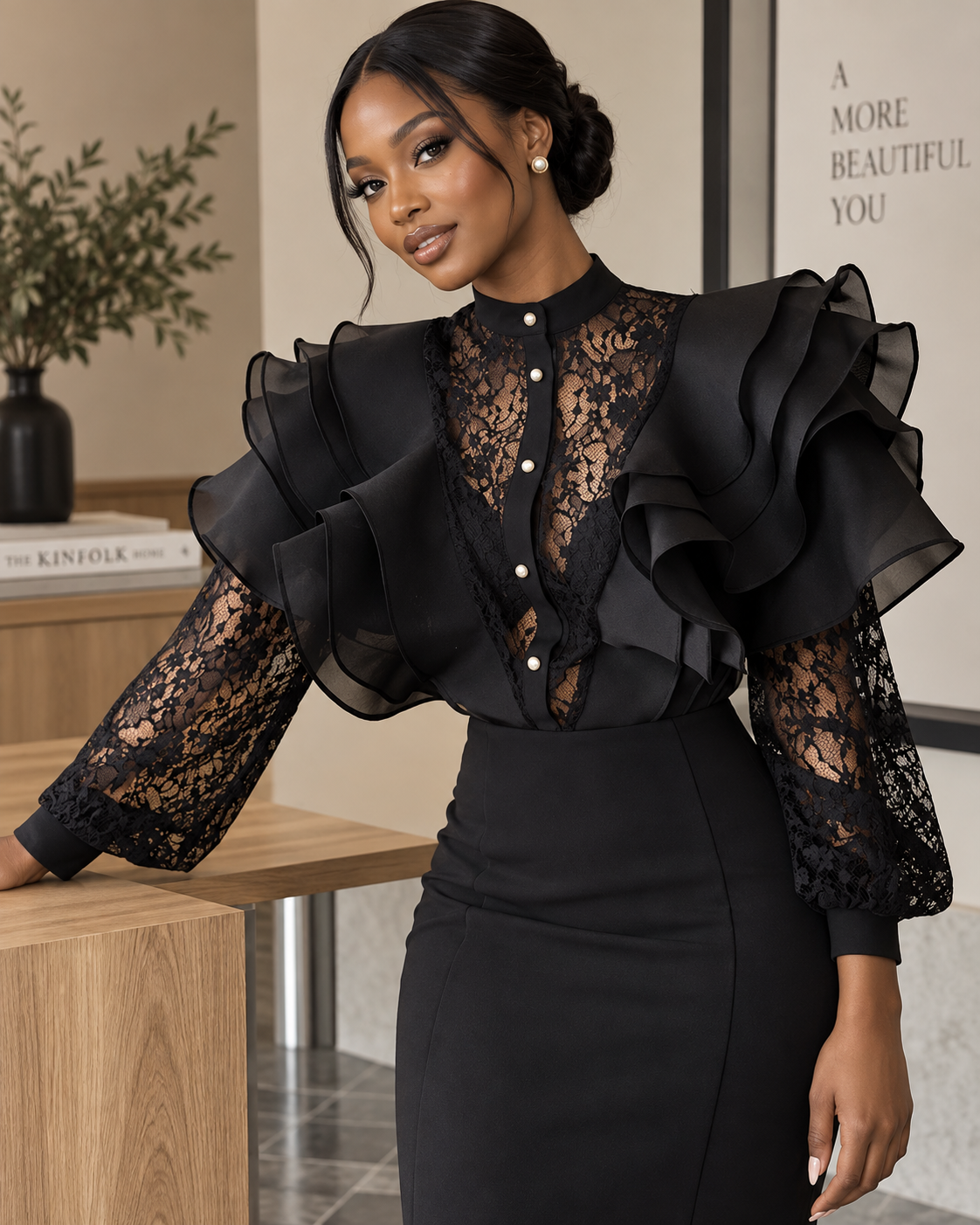 Midnight Ruffle Lace Blous