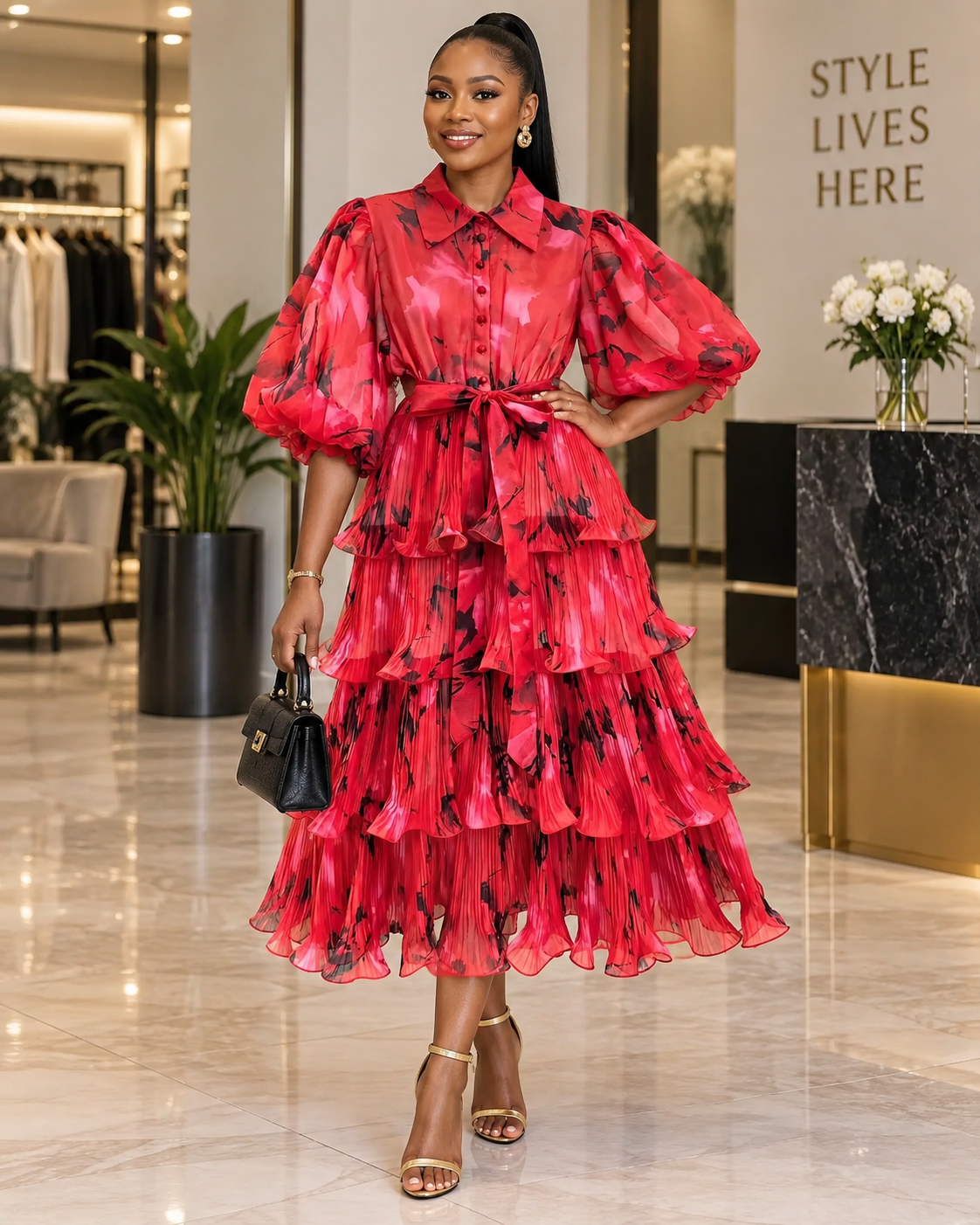 Cascade Tiered Midi Dres