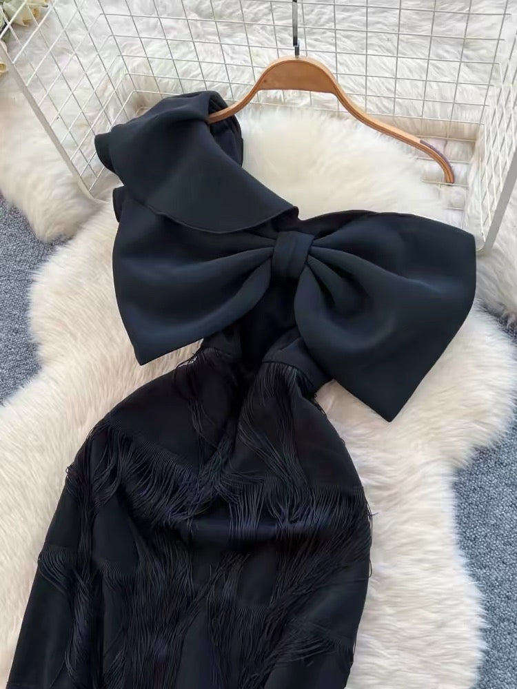 Black Tassel Bow Midi Dress