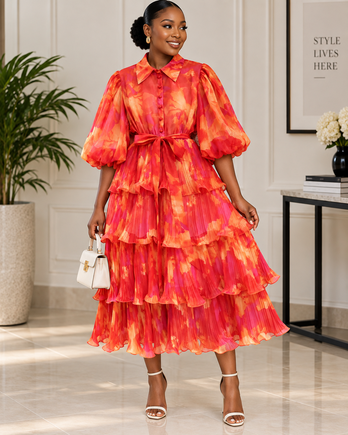 Cascade Tiered Midi Dres