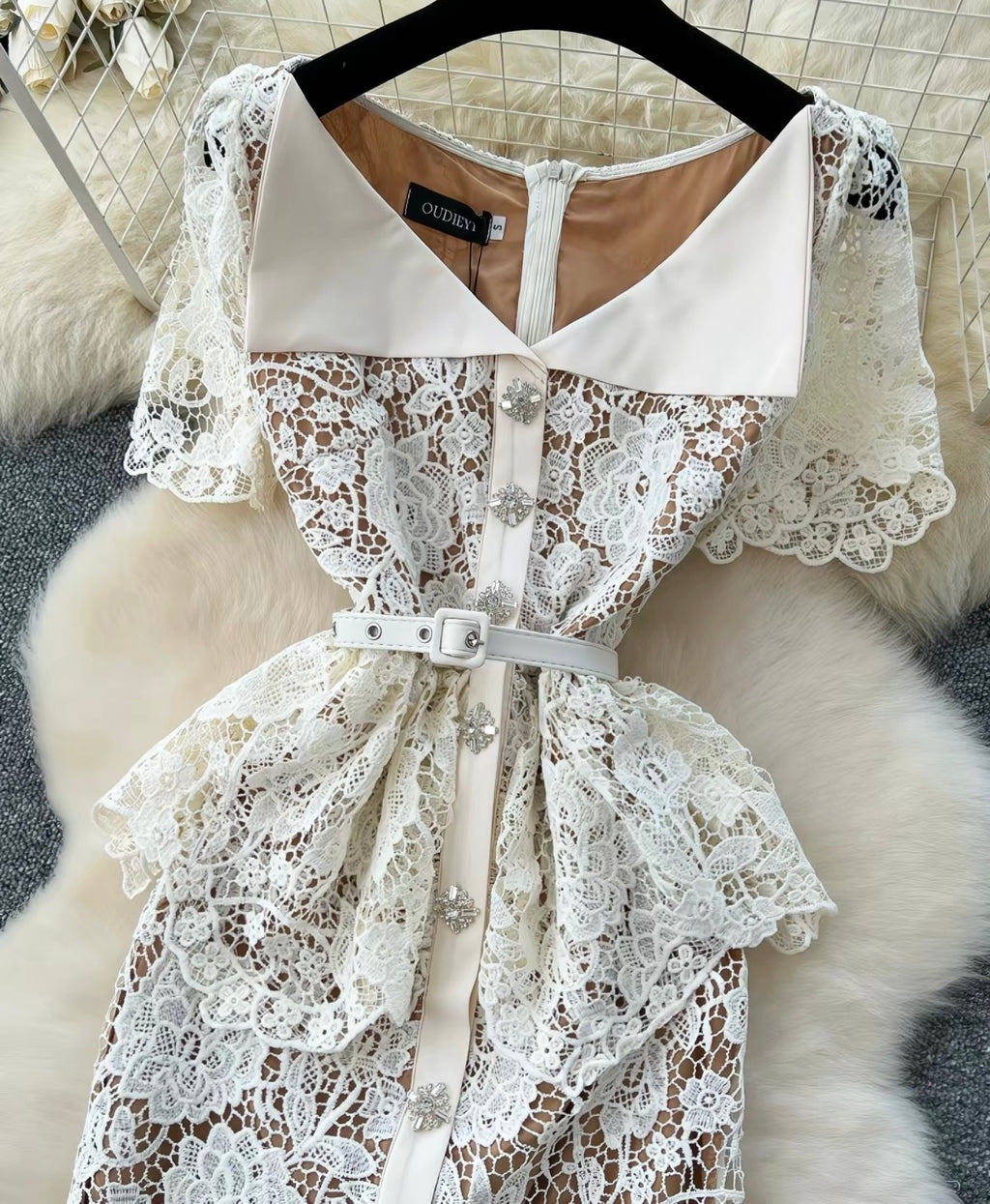 Elegant Lace Peplum Midi Dress