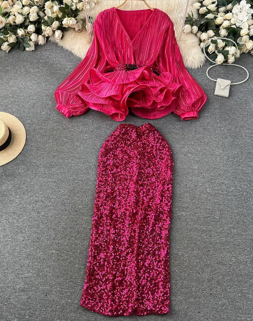 Fuchsia Royale Ruffle & Sequin Set