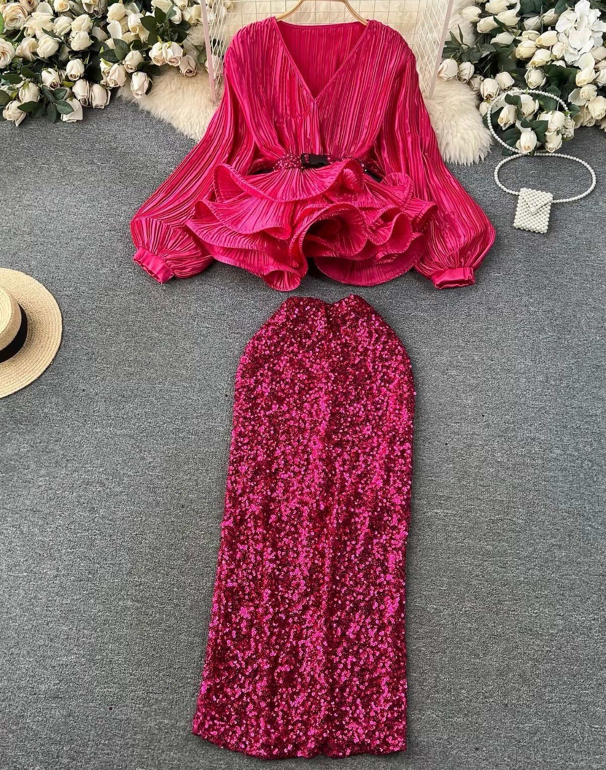 Fuchsia Royale Ruffle & Sequin Set