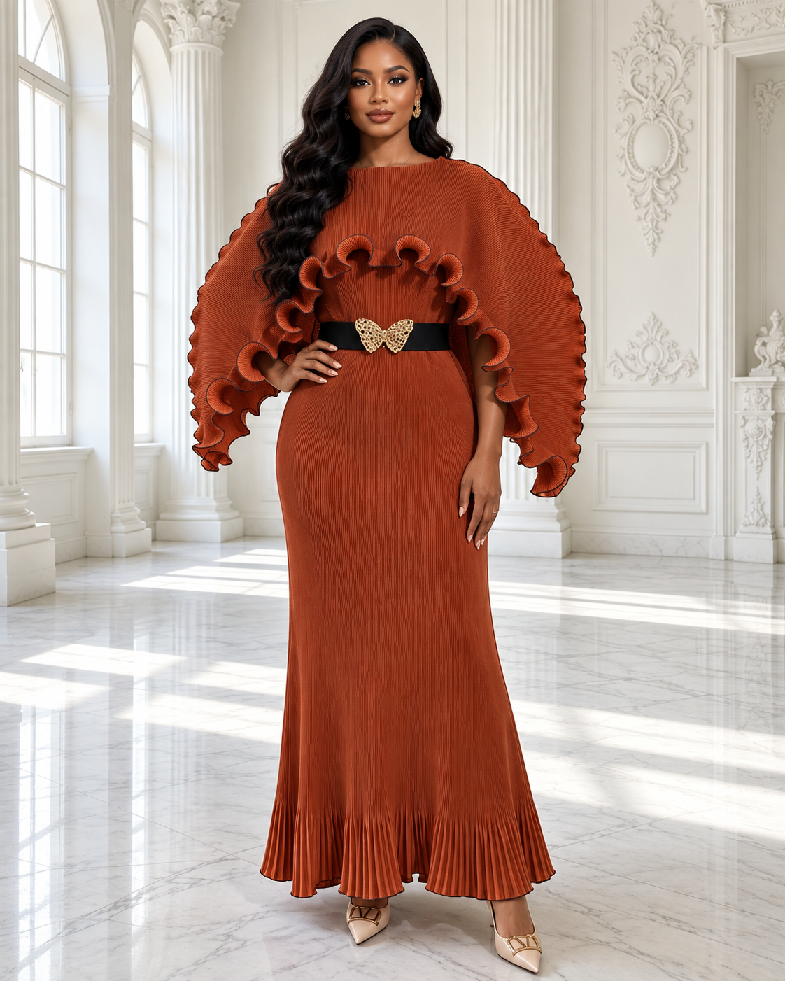 Regal Butterfly Pleated Maxi Dress