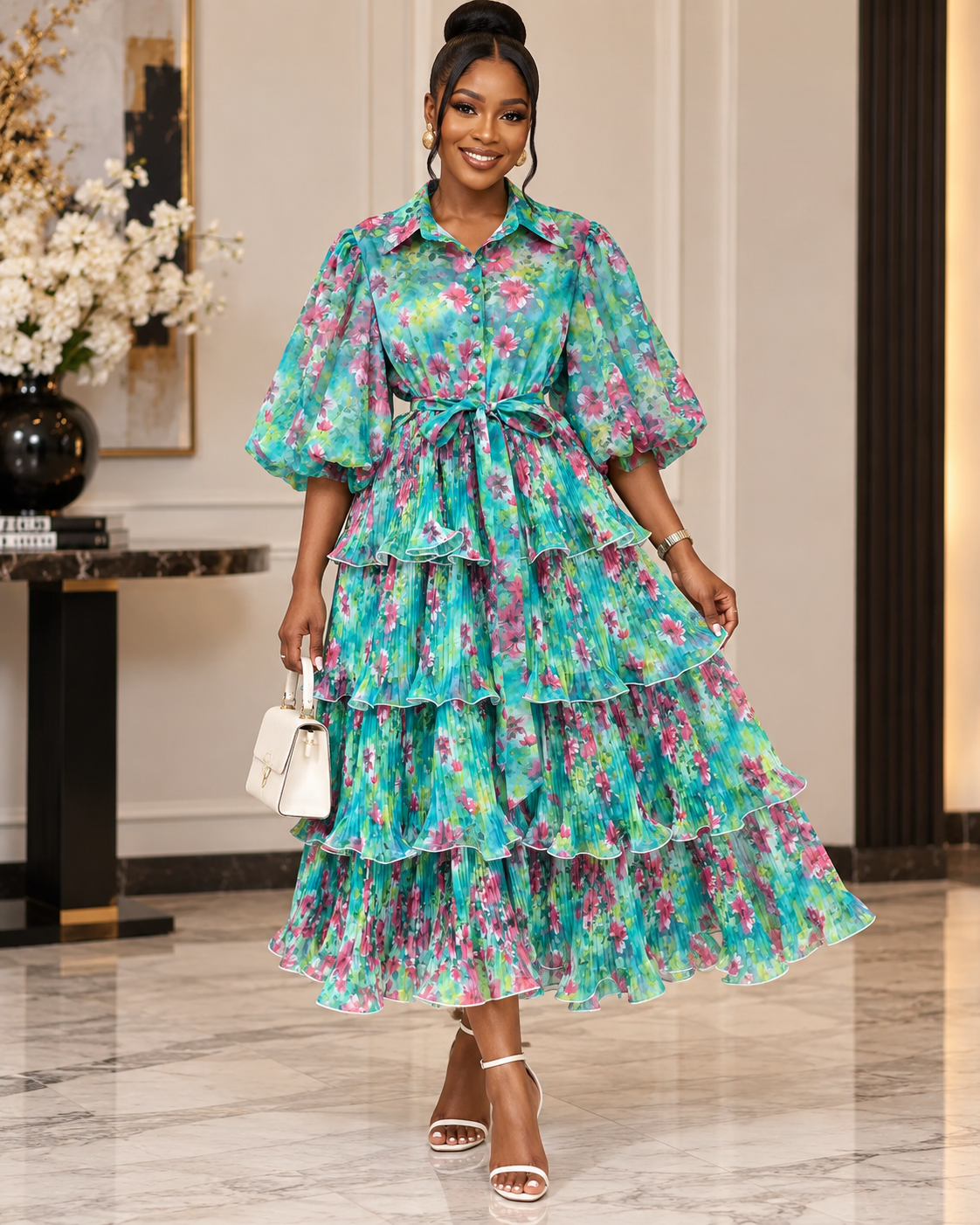 Cascade Tiered Midi Dres