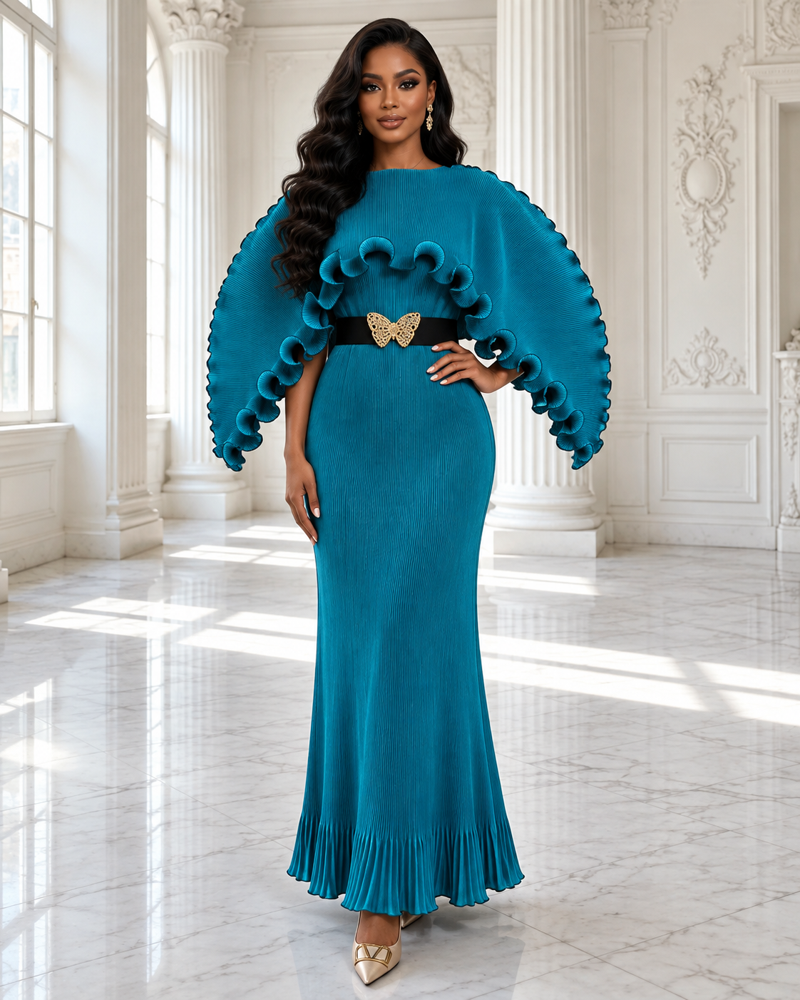 Regal Butterfly Pleated Maxi Dress