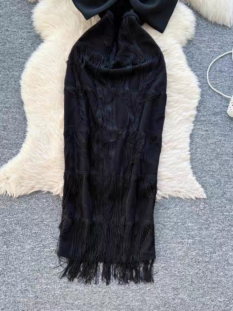 Black Tassel Bow Midi Dress