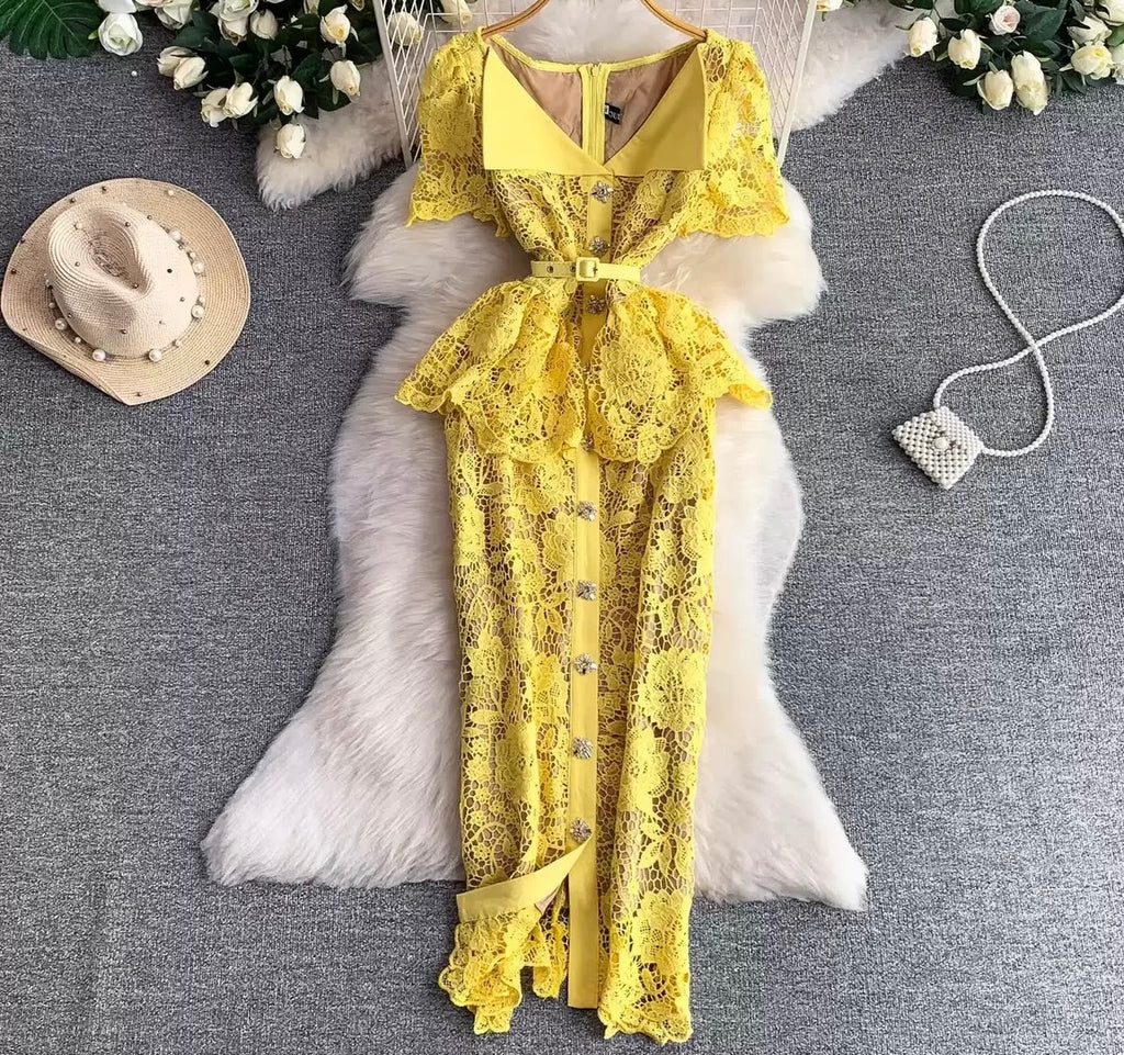 Elegant Lace Peplum Midi Dress