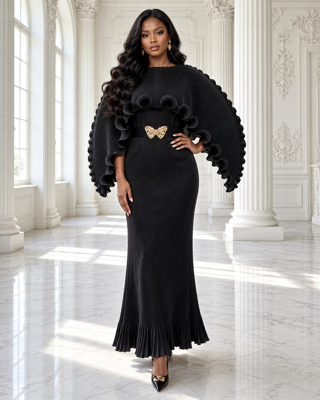 Regal Butterfly Pleated Maxi Dress