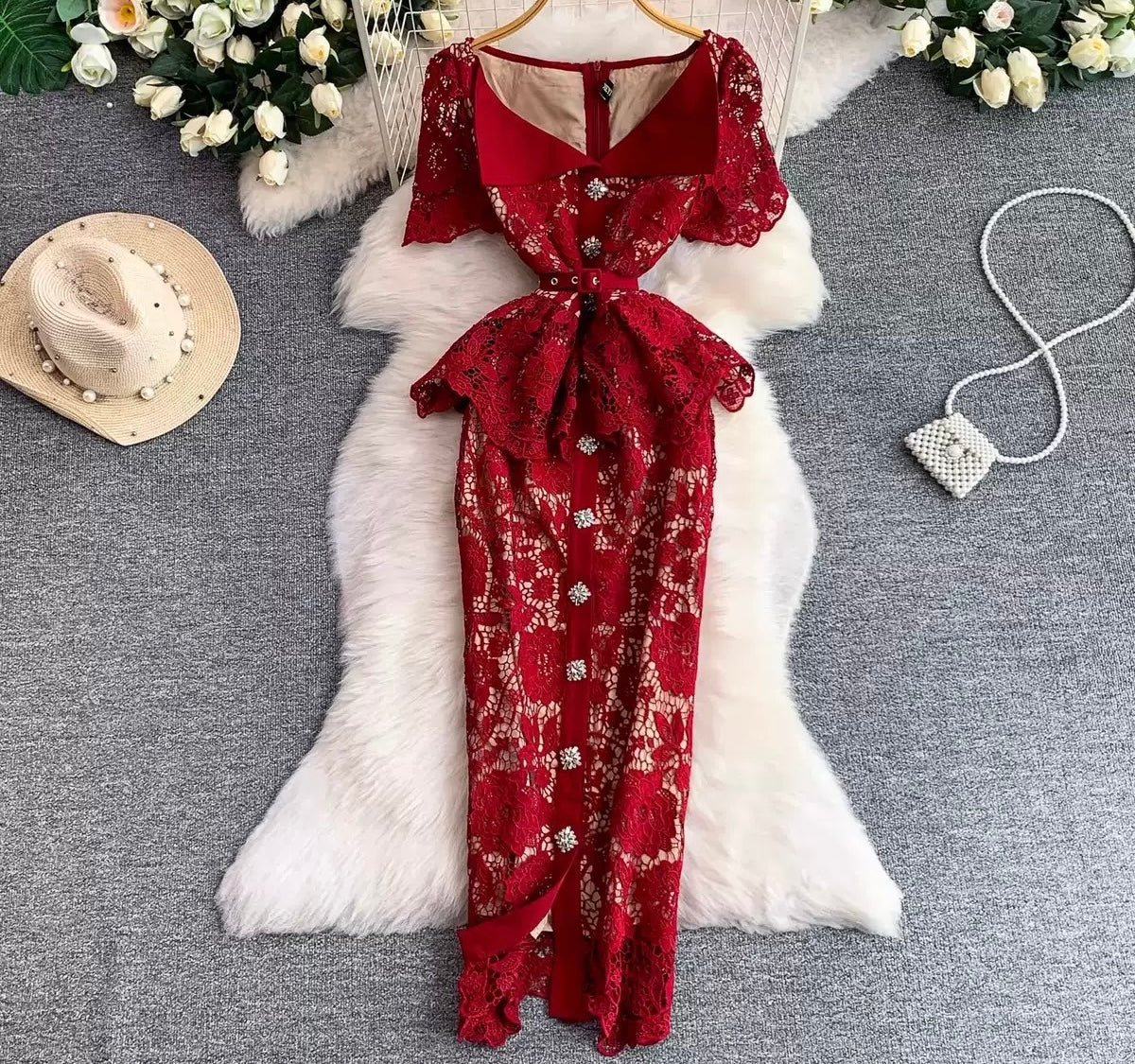 Elegant Lace Peplum Midi Dress
