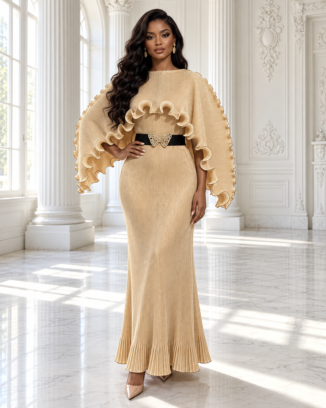 Regal Butterfly Pleated Maxi Dress