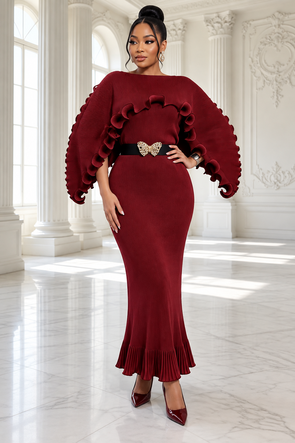 Regal Butterfly Pleated Maxi Dress