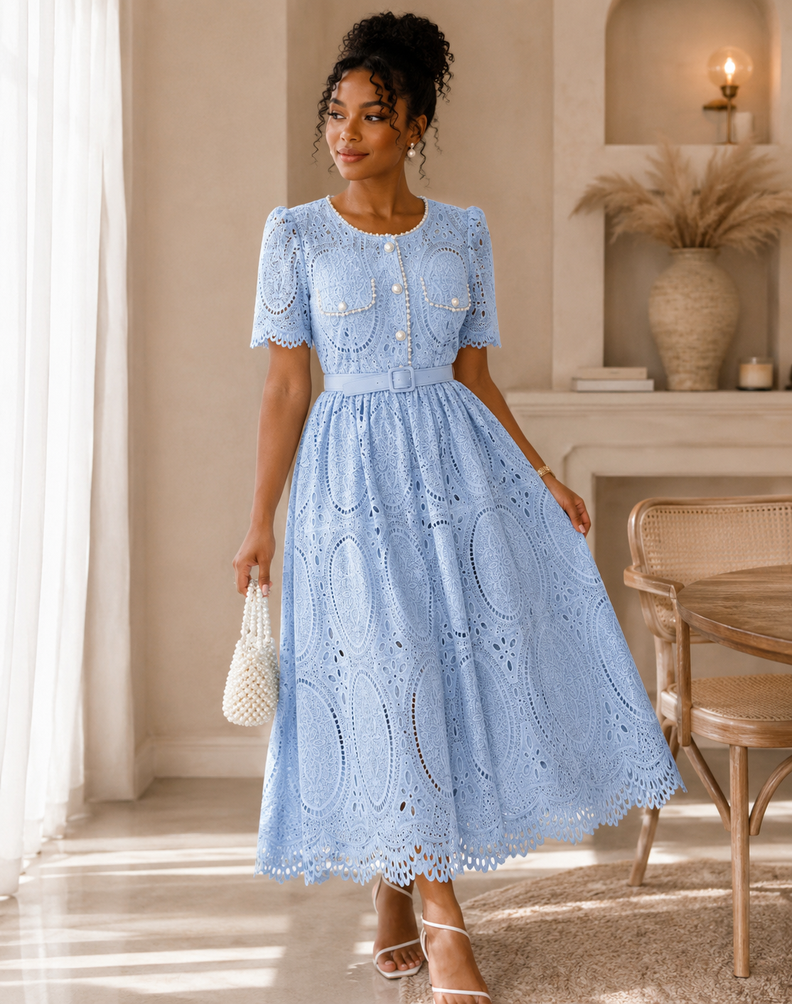 Pearl Elegance Lace Midi Dress