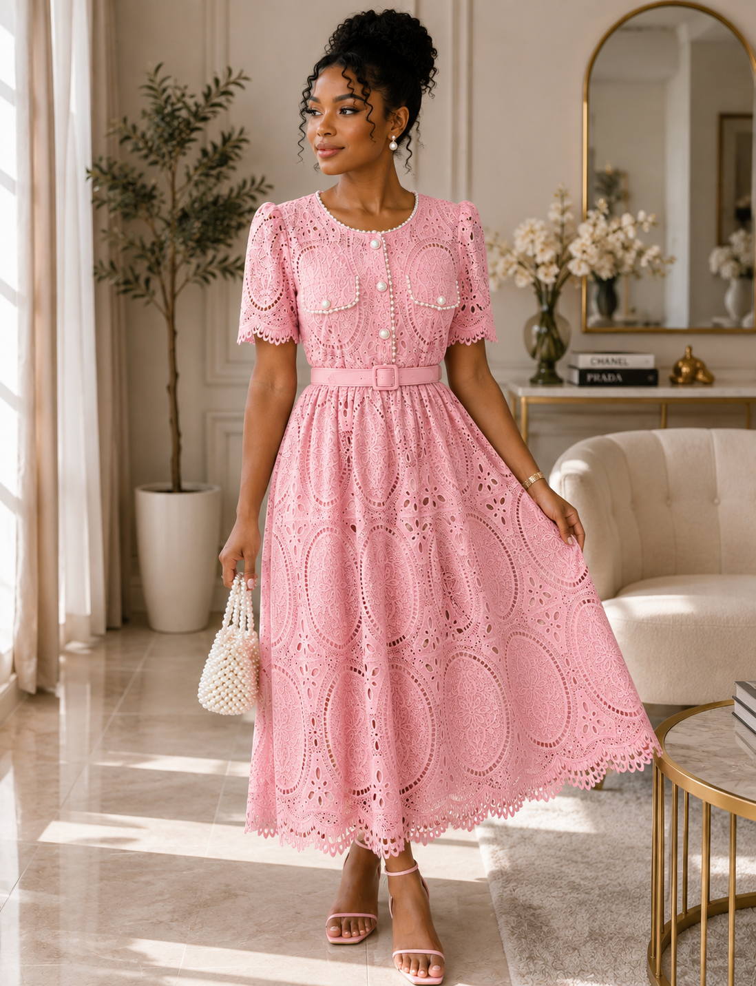 Pearl Elegance Lace Midi Dress