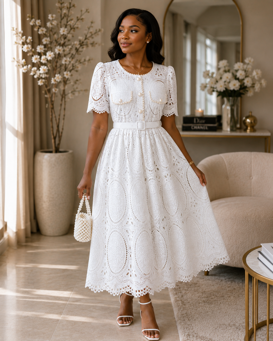 Pearl Elegance Lace Midi Dress