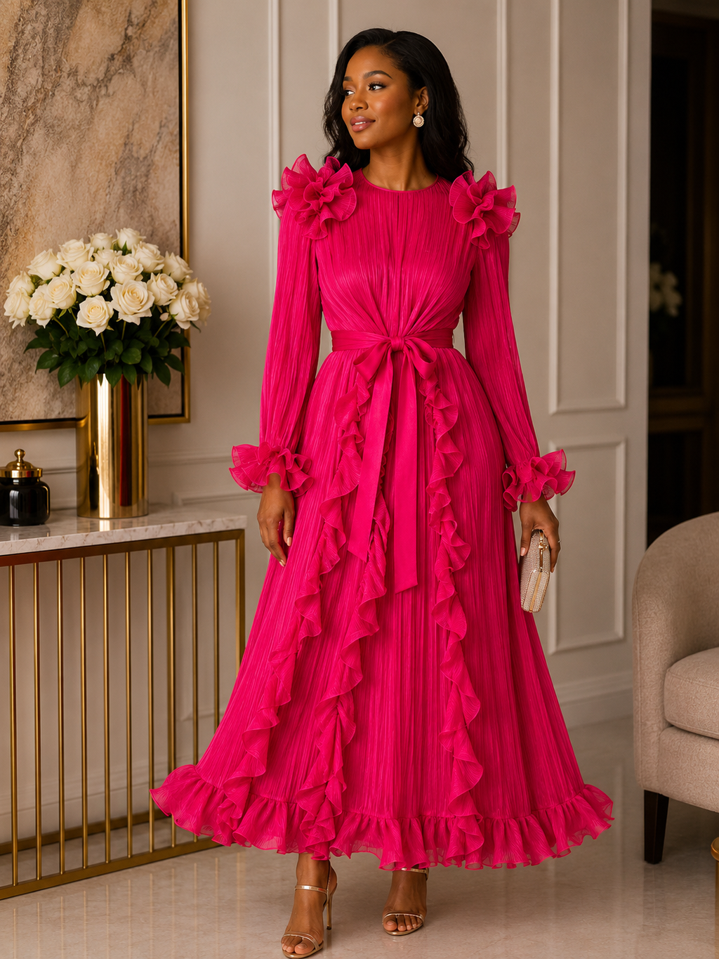Fuchsia Ruffle Elegance Maxi Dress