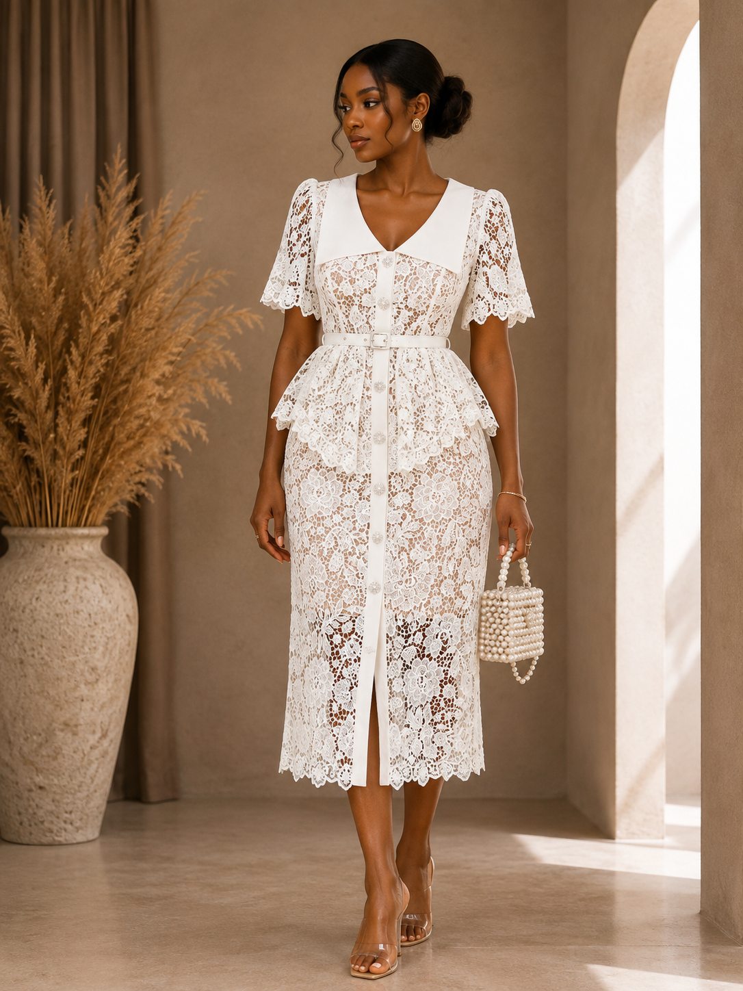 Elegant Lace Peplum Midi Dress