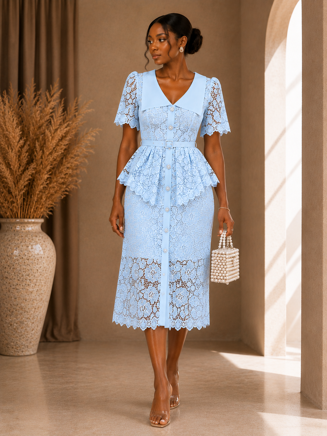 Elegant Lace Peplum Midi Dress