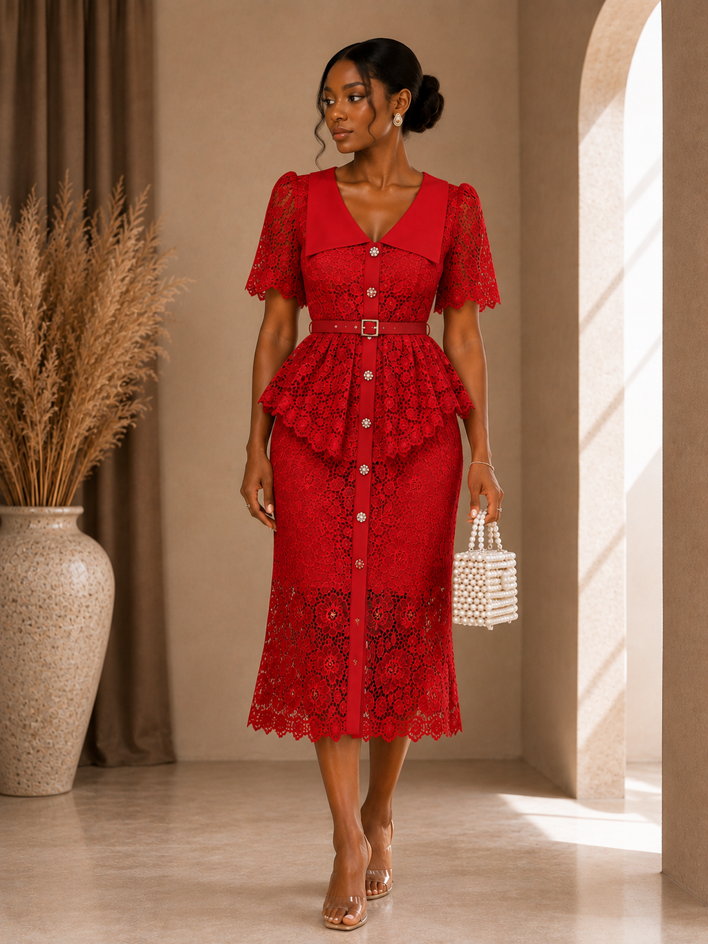 Elegant Lace Peplum Midi Dress