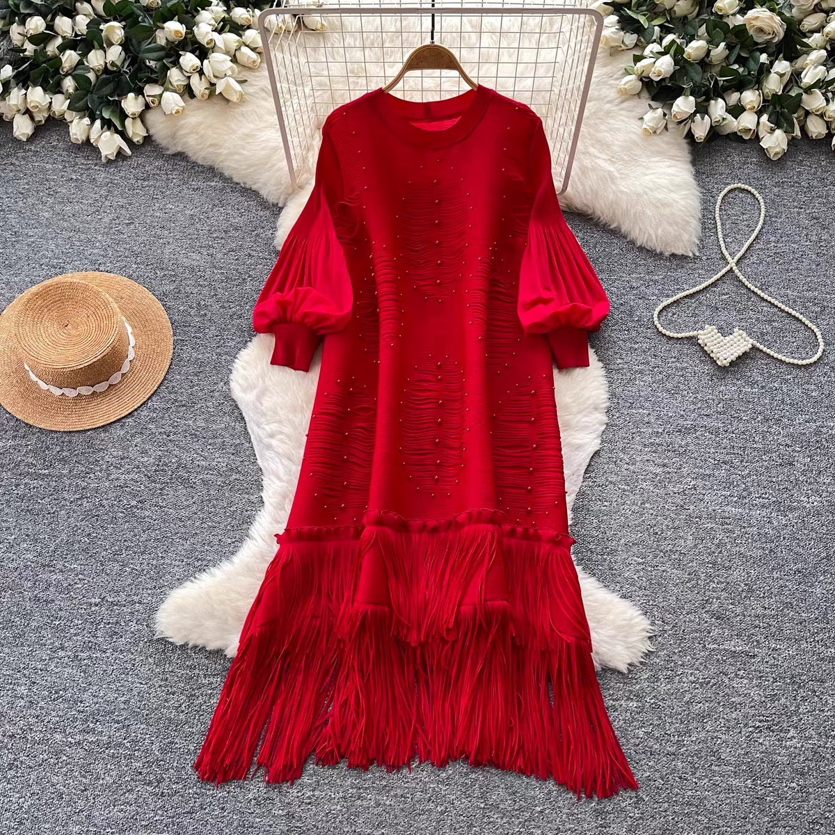 Fringe Pearl Midi Dres