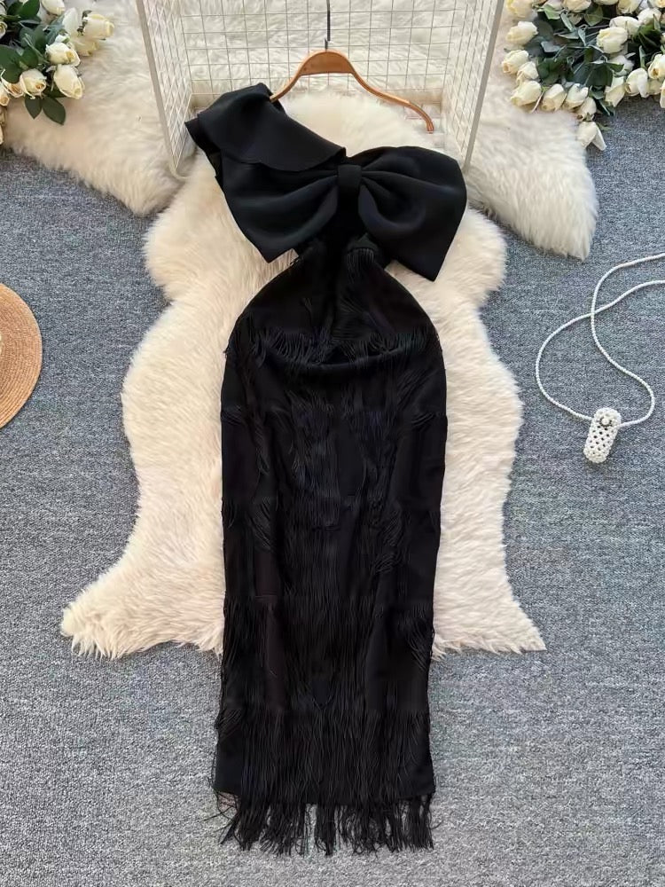 Black Tassel Bow Midi Dress