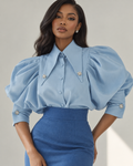 Sky Blue Sculpted Sleeve Statement Blouse