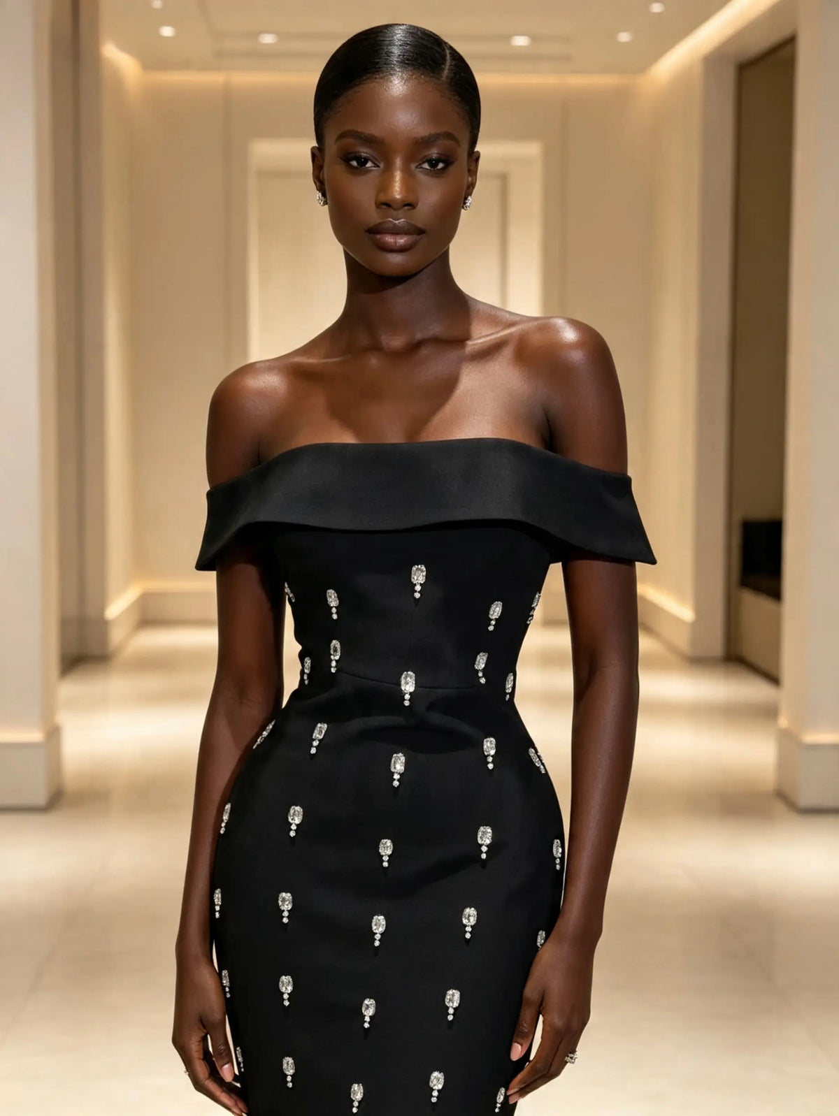 Lux Noir Crystal Evening Dress