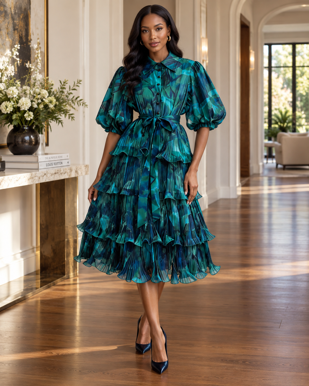 Cascade Tiered Midi Dres