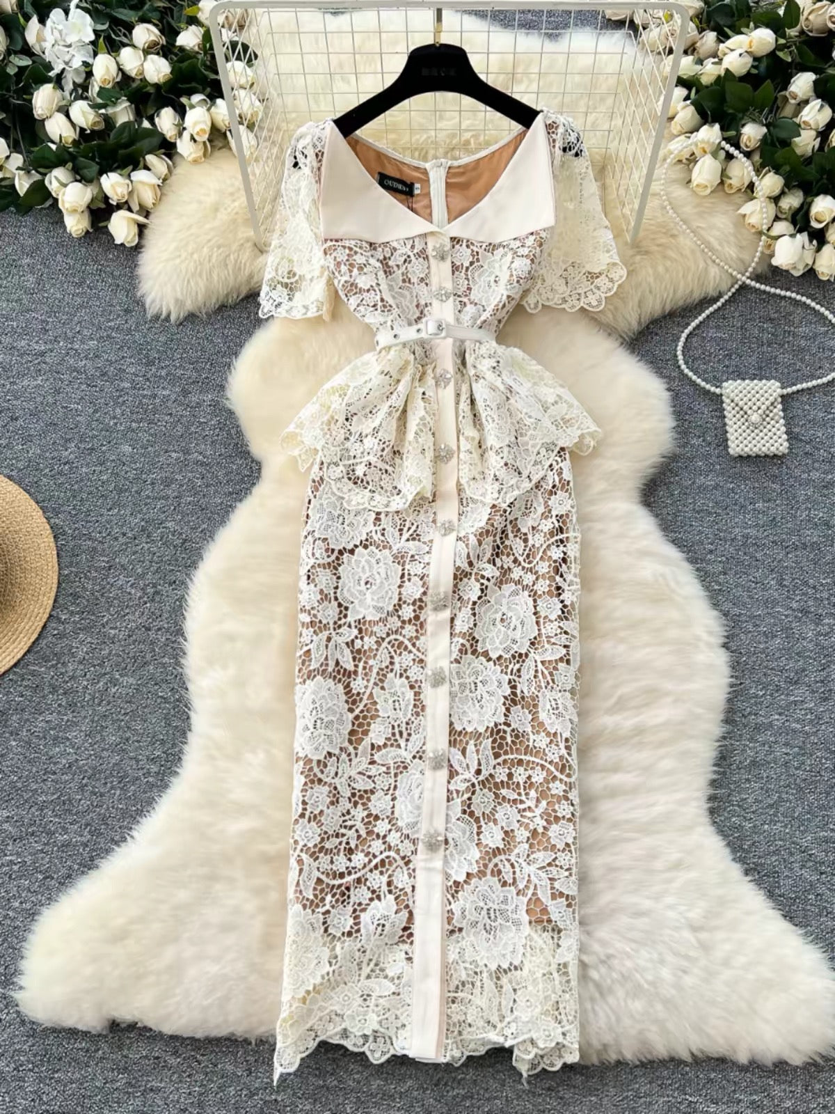 Elegant Lace Peplum Midi Dress