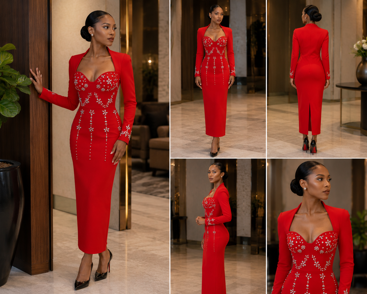 Ruby Royale Crystal Embellished Midi Dress