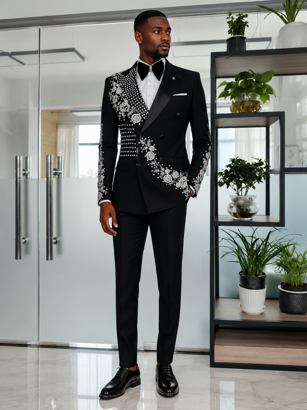 Royal Noir Silver Crystal Embellished Tuxedo