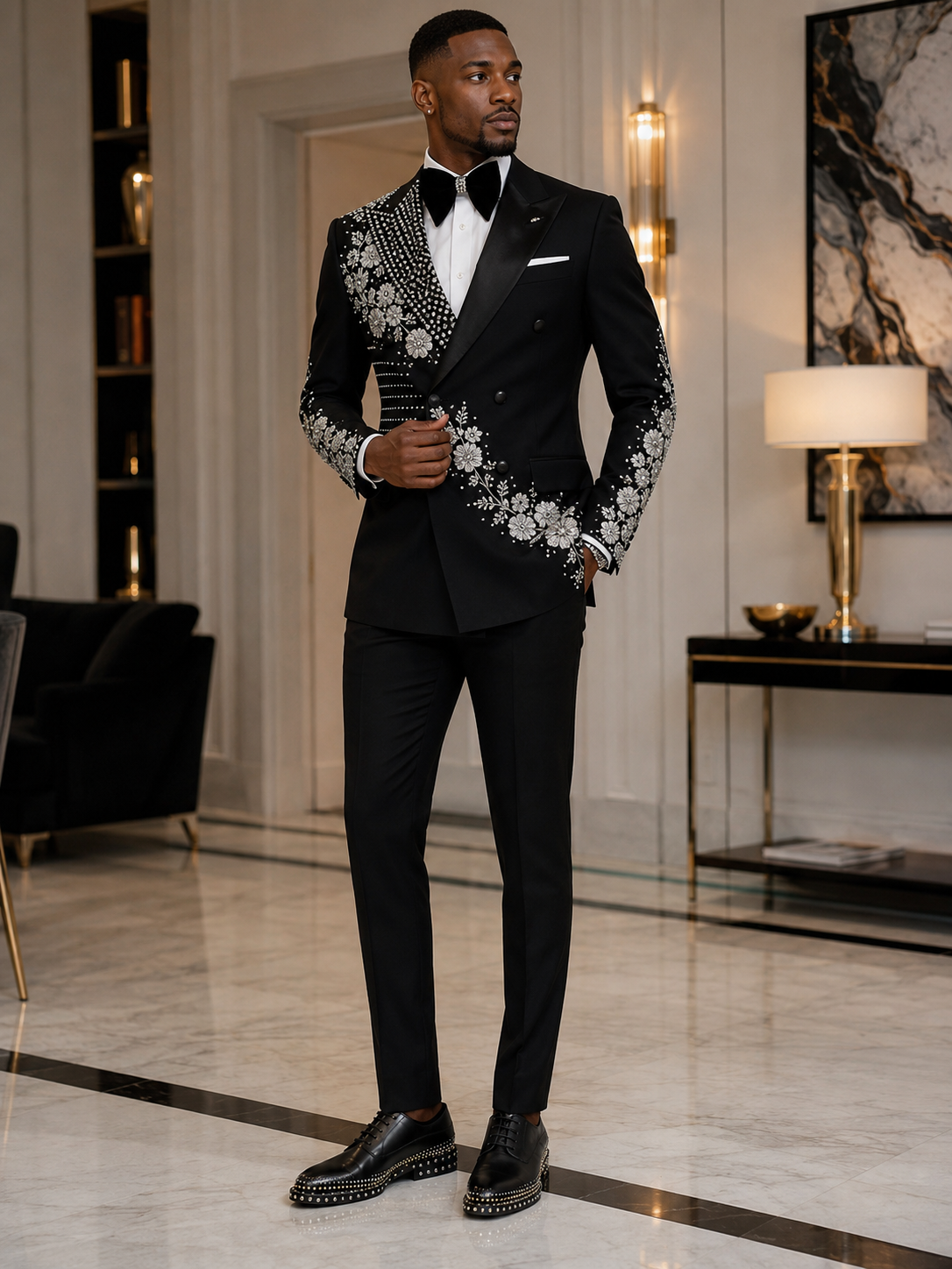 Royal Noir Silver Crystal Embellished Tuxedo